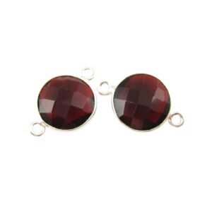 Garnet Round Bezel Connectors Silver Plated
