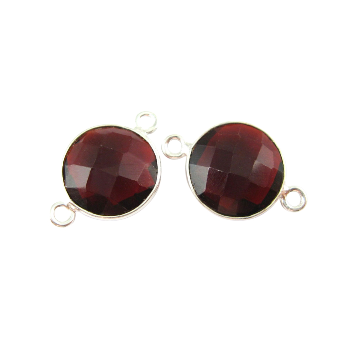 Garnet Round Bezel Connectors Silver Plated